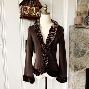Classiques Entier Wool Knit with Silk Velvet Trim Brown Women's Cardigan Jacket